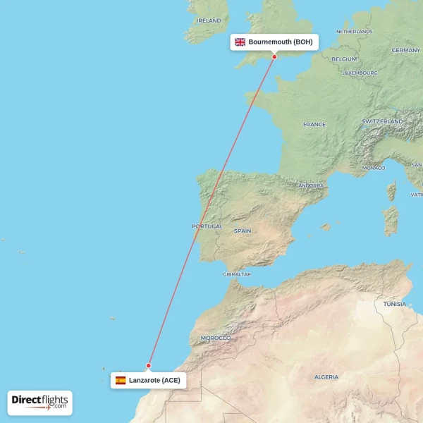 Bournemouth - Lanzarote direct flight map