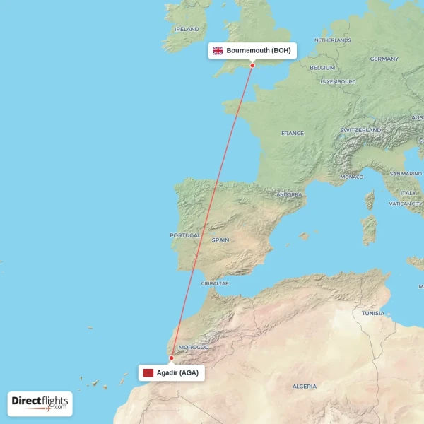 Bournemouth - Agadir direct flight map