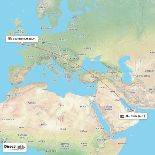 Bournemouth - Abu Dhabi direct flight map