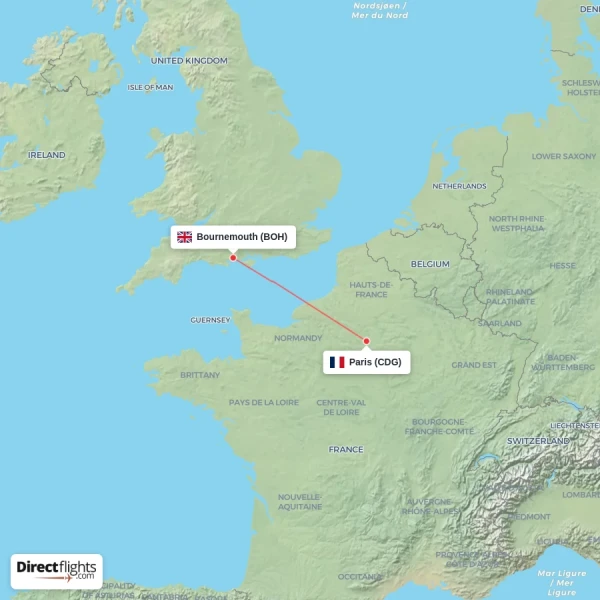 Bournemouth - Paris direct flight map