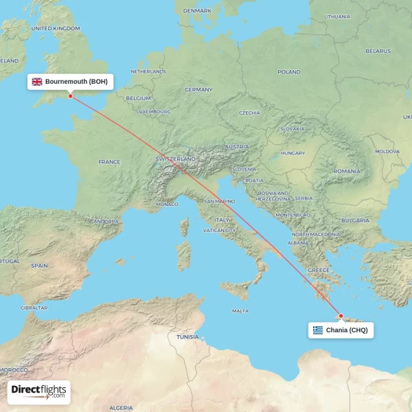 Bournemouth - Chania direct flight map