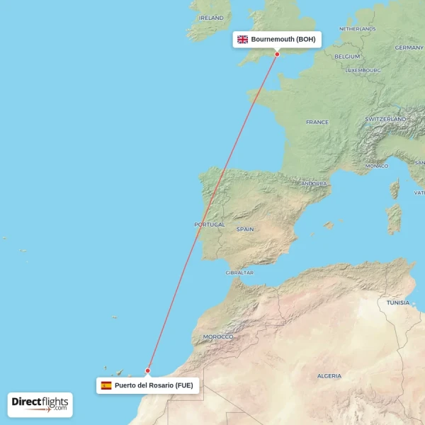 Bournemouth - Puerto del Rosario direct flight map