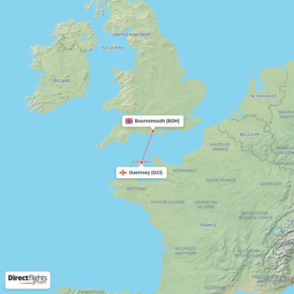 Bournemouth - Guernsey direct flight map