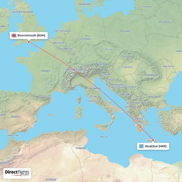 Bournemouth - Heraklion direct flight map
