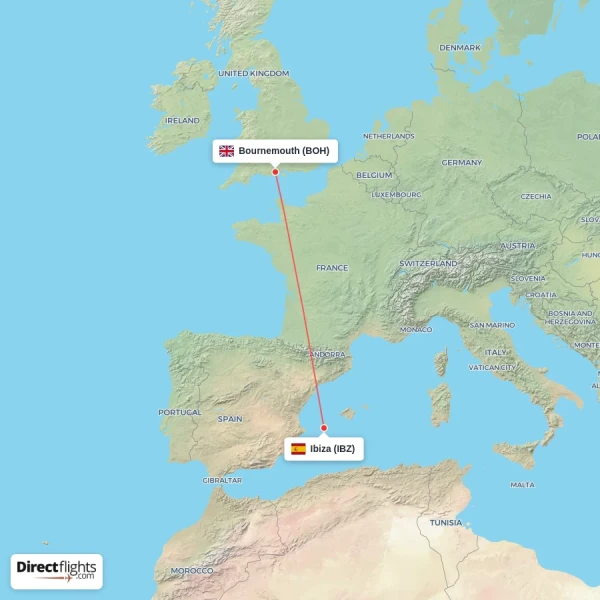 Bournemouth - Ibiza direct flight map