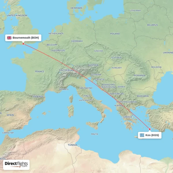 Bournemouth - Kos direct flight map