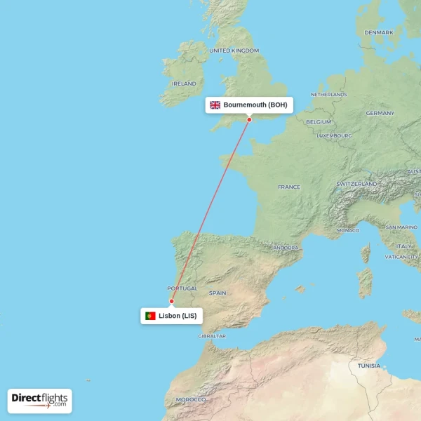 Bournemouth - Lisbon direct flight map