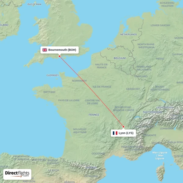 Bournemouth - Lyon direct flight map
