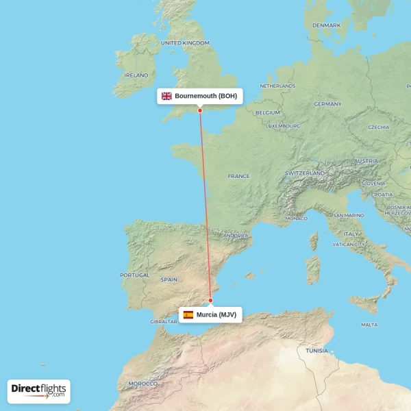 Bournemouth - Murcia direct flight map