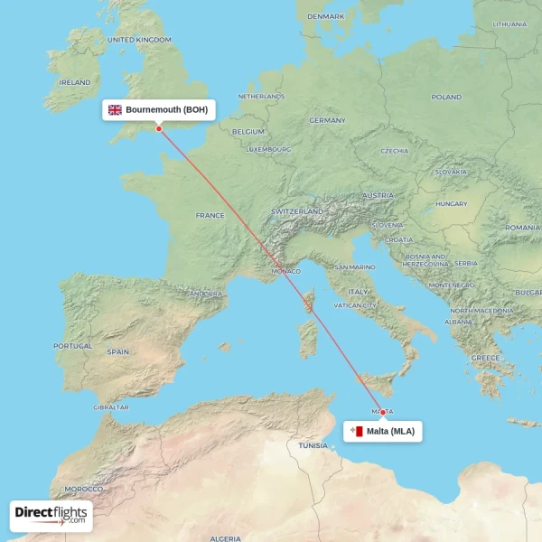 Bournemouth - Malta direct flight map