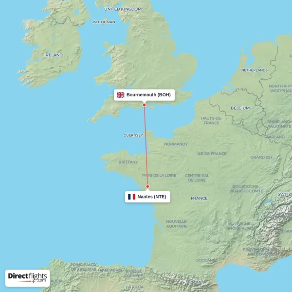 Bournemouth - Nantes direct flight map
