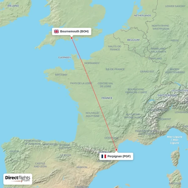 Bournemouth - Perpignan direct flight map