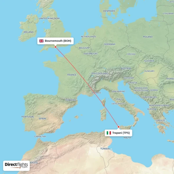 Bournemouth - Trapani direct flight map