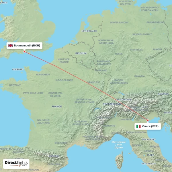 Bournemouth - Venice direct flight map