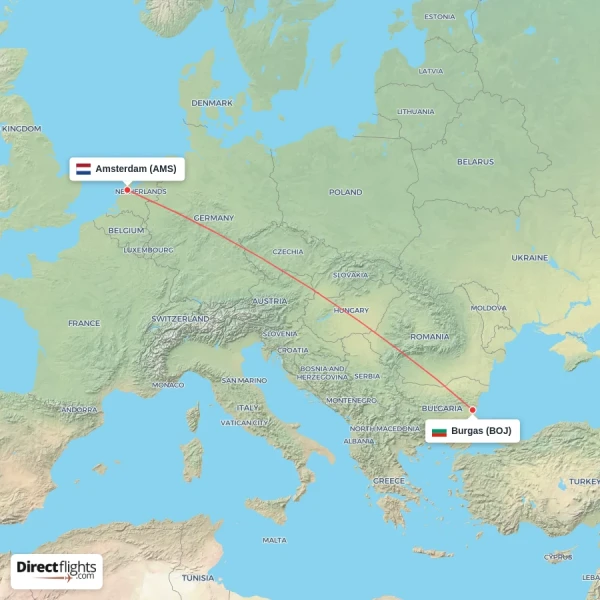 Burgas - Amsterdam direct flight map