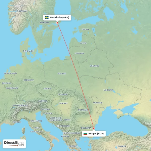 Burgas - Stockholm direct flight map