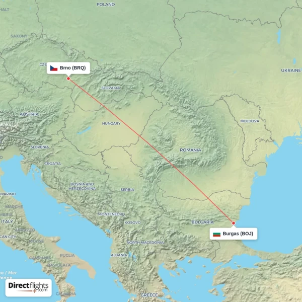 Burgas - Brno direct flight map