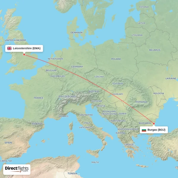 Burgas - Leicestershire direct flight map