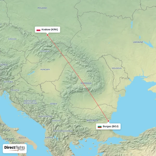 Burgas - Krakow direct flight map