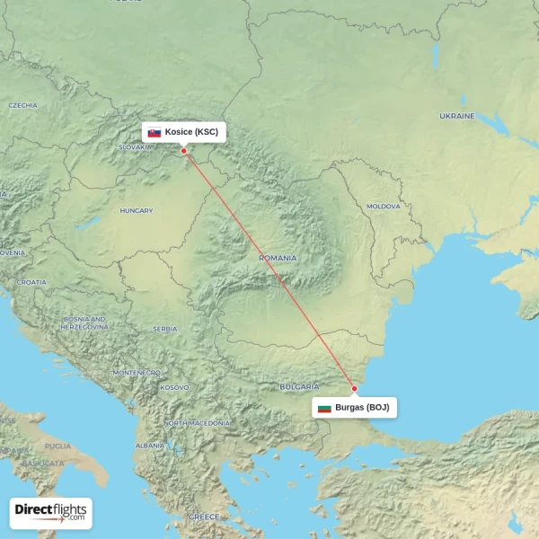 Burgas - Kosice direct flight map