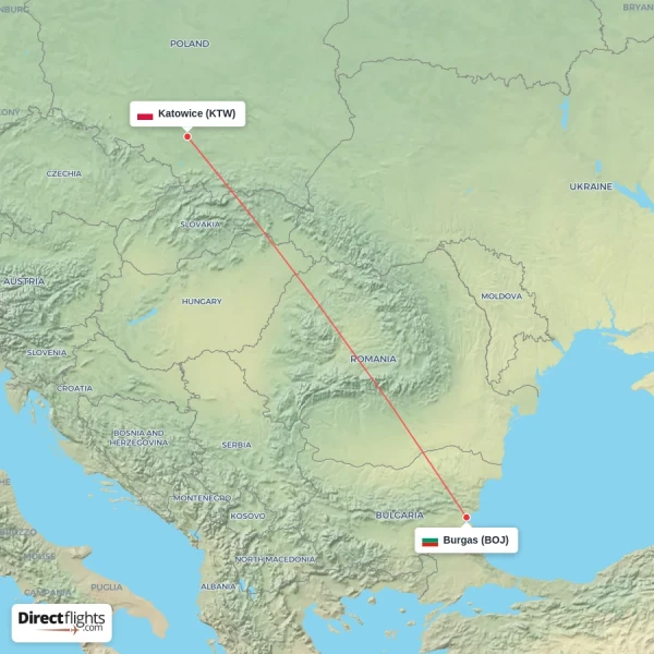 Burgas - Katowice direct flight map