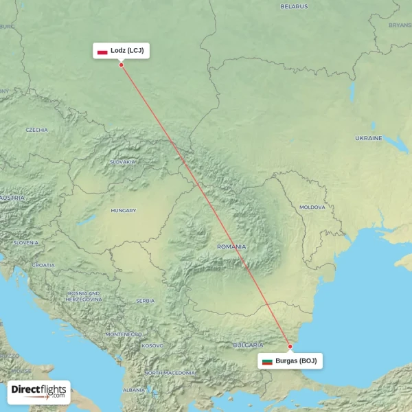 Burgas - Lodz direct flight map