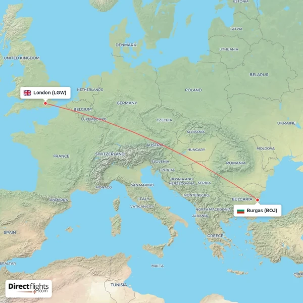 Burgas - London direct flight map
