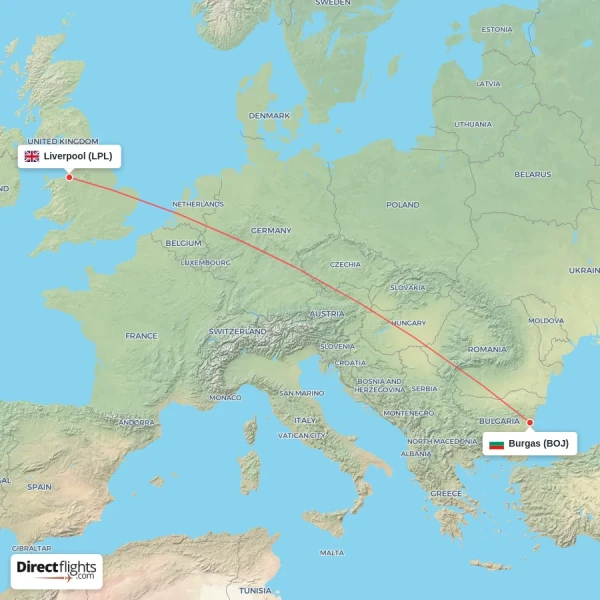 Burgas - Liverpool direct flight map