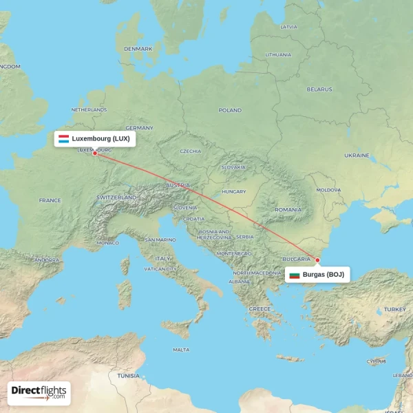 Burgas - Luxembourg direct flight map
