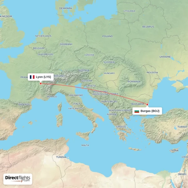 Burgas - Lyon direct flight map