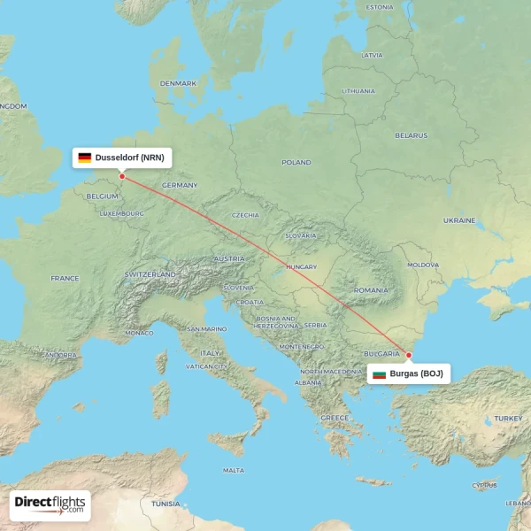 Burgas - Dusseldorf direct flight map