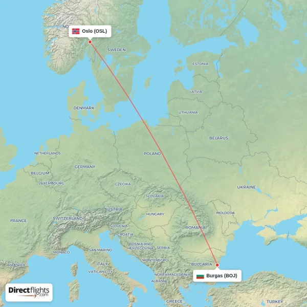 Burgas - Oslo direct flight map