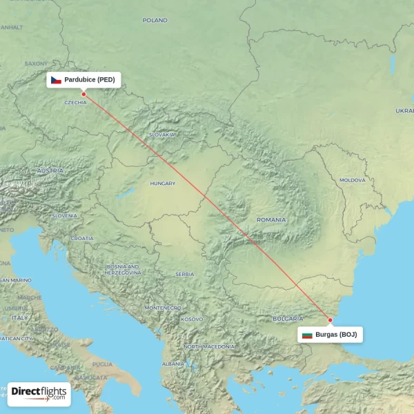 Burgas - Pardubice direct flight map