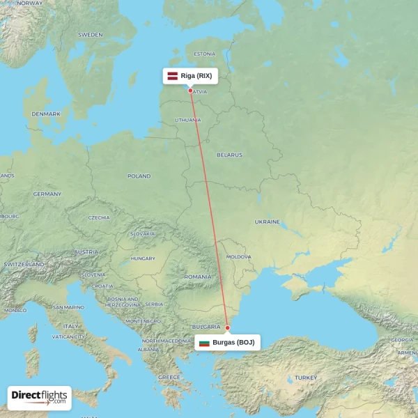 Burgas - Riga direct flight map