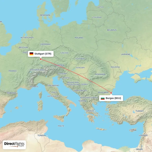 Burgas - Stuttgart direct flight map