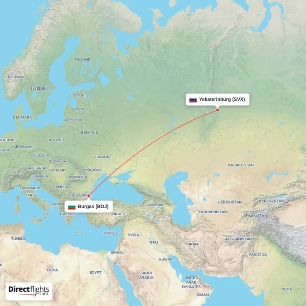 Burgas - Yekaterinburg direct flight map