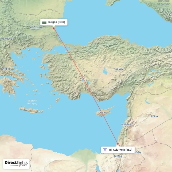 Burgas - Tel Aviv-Yafo direct flight map