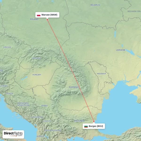 Burgas - Warsaw direct flight map