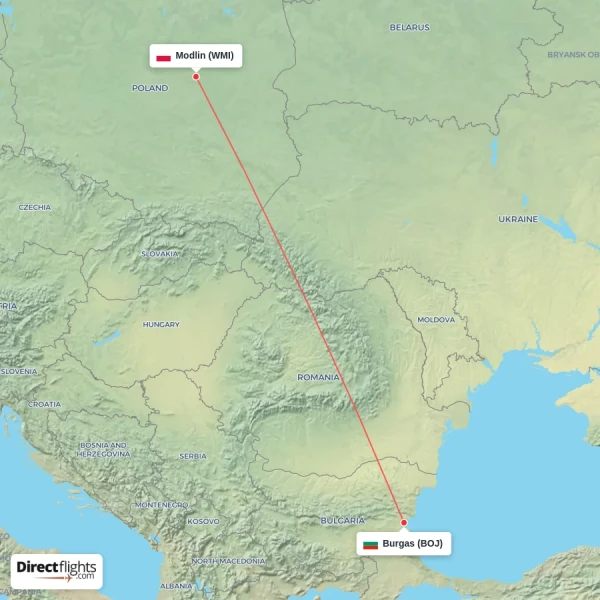 Burgas - Modlin direct flight map