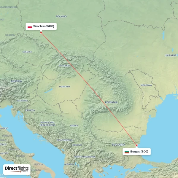 Burgas - Wroclaw direct flight map
