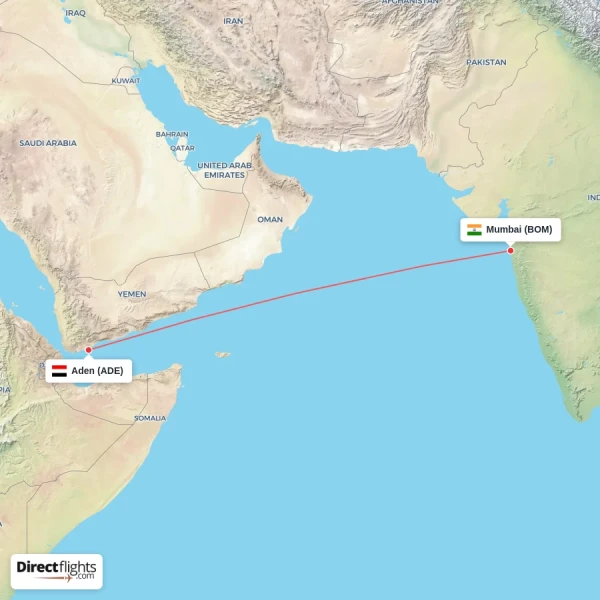 Mumbai - Aden direct flight map