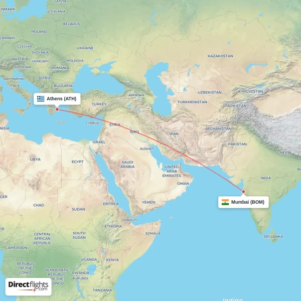 Mumbai - Athens direct flight map