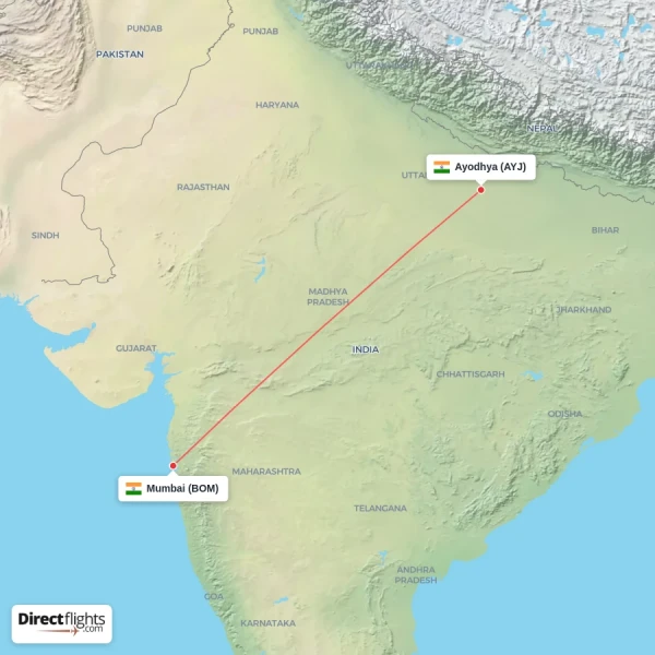 Mumbai - Ayodhya direct flight map