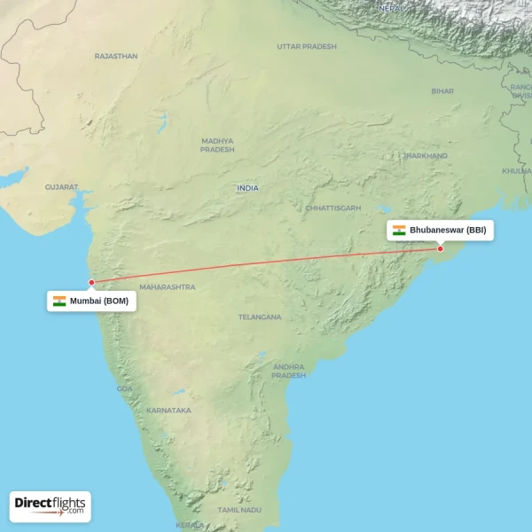 Mumbai - Bhubaneswar direct flight map