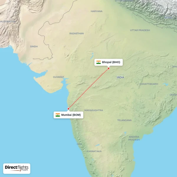 Mumbai - Bhopal direct flight map