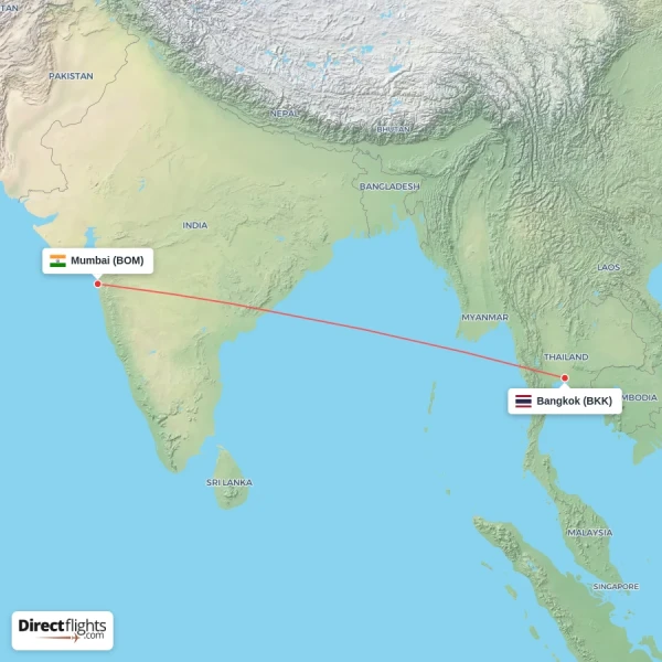 Mumbai - Bangkok direct flight map