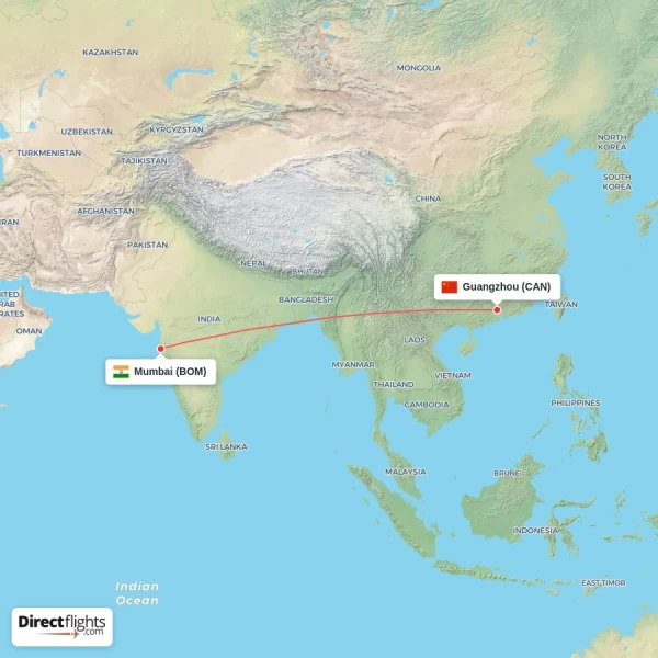 Mumbai - Guangzhou direct flight map