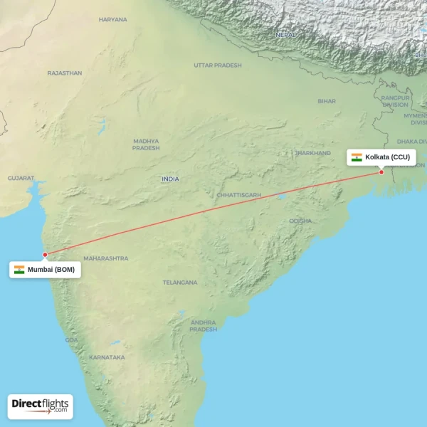 Mumbai - Kolkata direct flight map