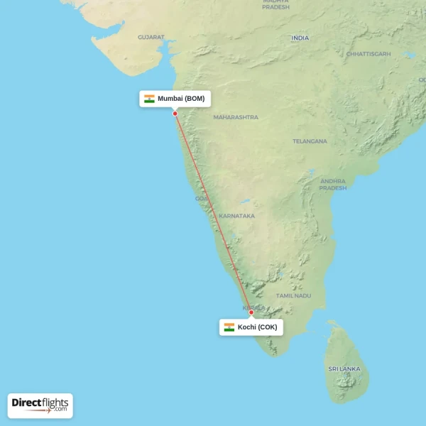 Mumbai - Kochi direct flight map