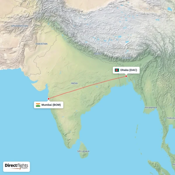 Mumbai - Dhaka direct flight map